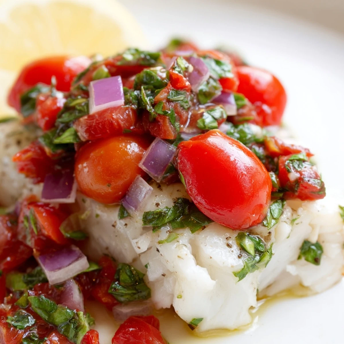 Vibrant red tomato and basil relish crowns tender Baked Halibut, ready for a healthy weeknight Mediterranean dinner.