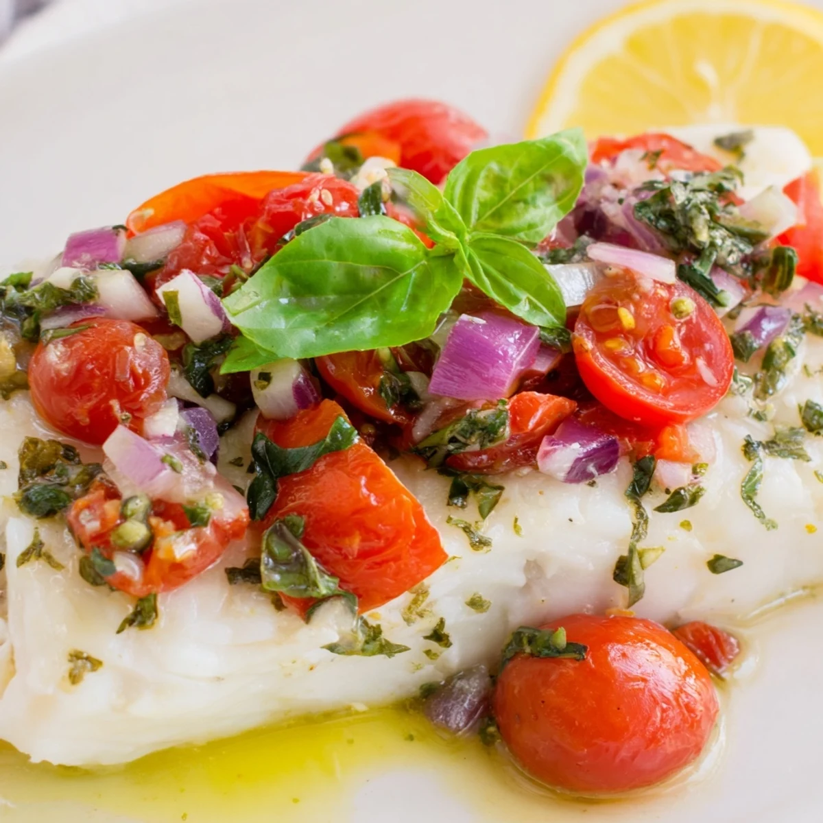 Golden Baked Halibut with Tomato and Basil Relish sits on a white plate, garnished with basil and lemon slices.