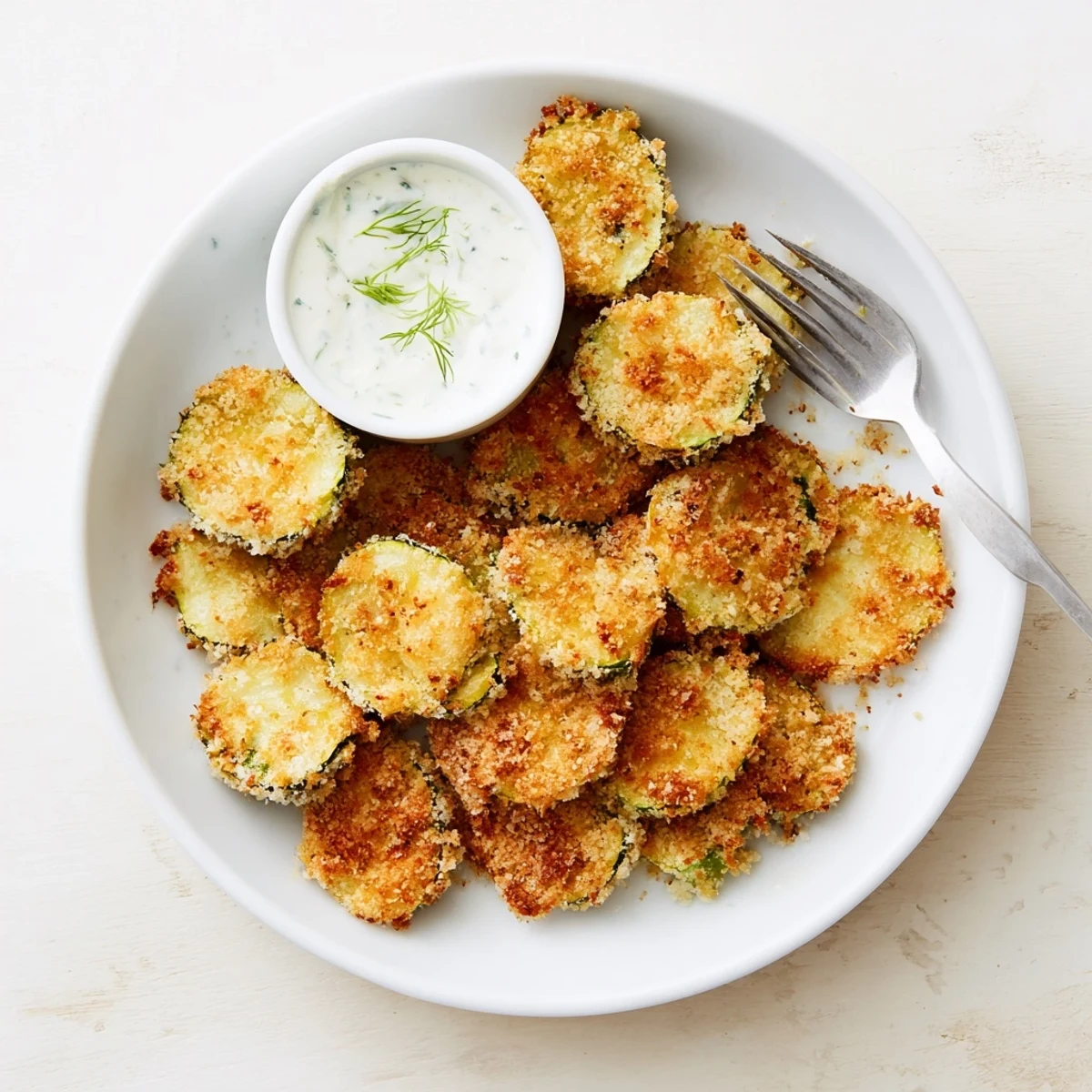 Golden, crunchy Crispy Air Fryer Zucchini Chips with Ranch piled high, served alongside a creamy dipping sauce.
