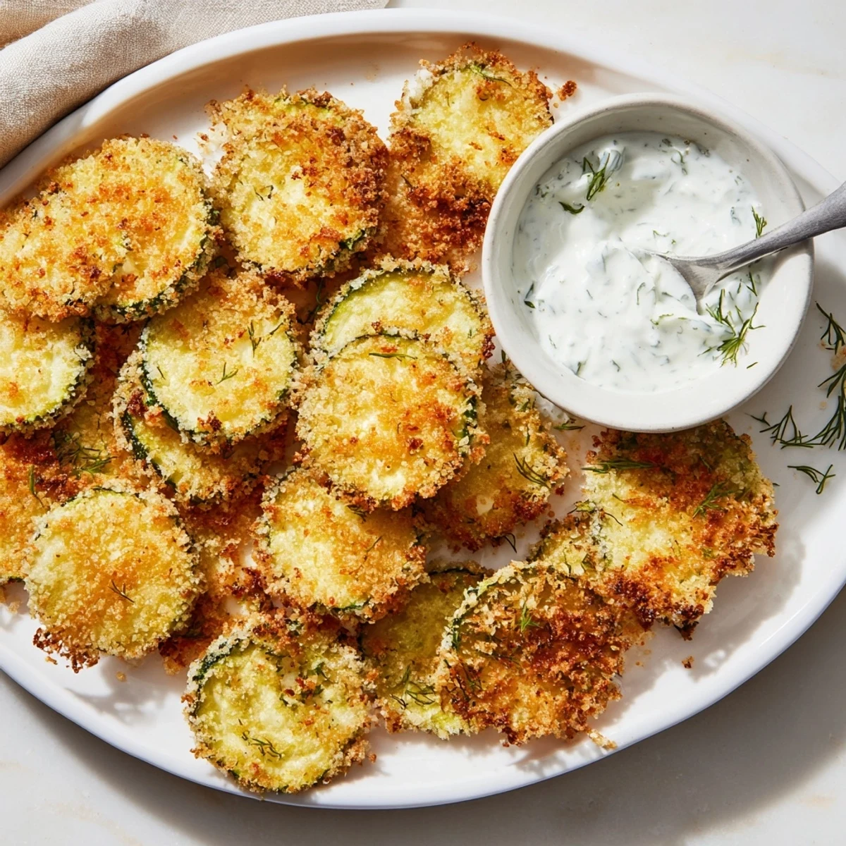 Zucchini slices coated in Parmesan and herbs, air fried to crisp perfection and ready for dipping.