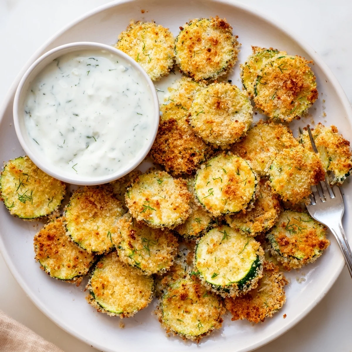 Crispy Air Fryer Zucchini Chips with Ranch arranged on a plate, garnished with fresh dill and chives.