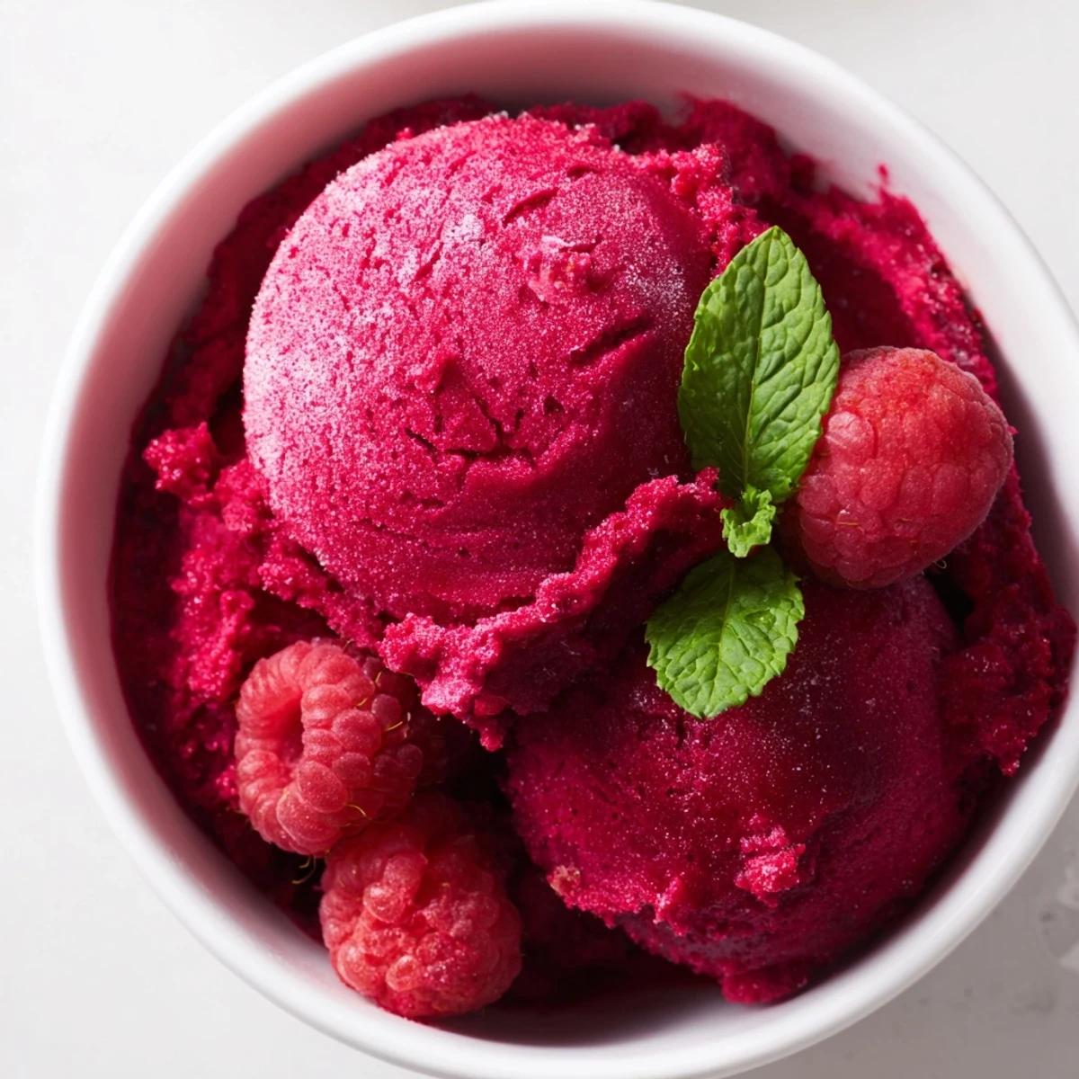 A vibrant bowl of Valentine Raspberry Sorbet garnished with fresh raspberries and mint, offering a refreshing, seedless dessert perfect for romantic occasions.  