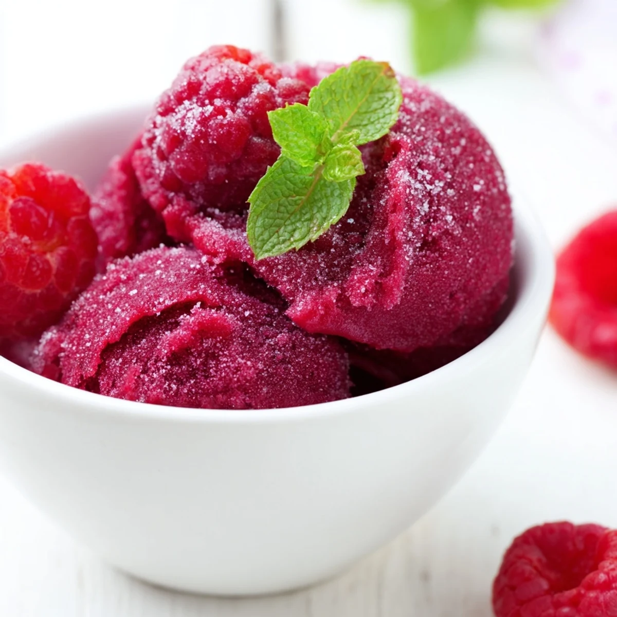 This homemade sorbet shows a bright red hue and smooth texture, served in a chilled glass for an easy, vegan summer treat.  