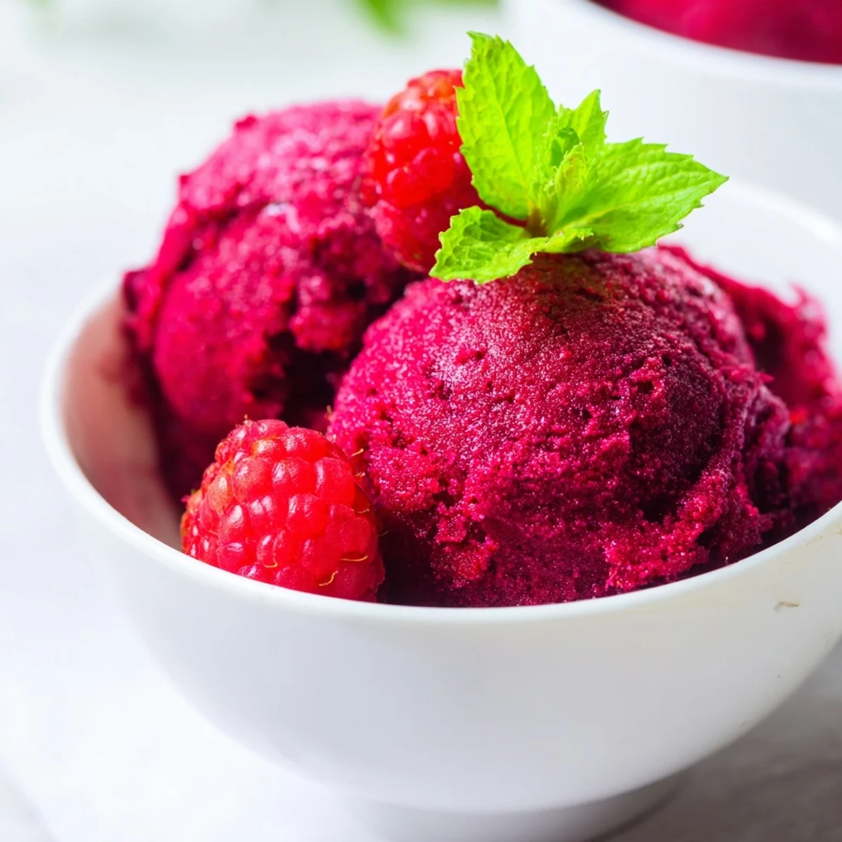 Valentine Raspberry Sorbet in a shallow dish, glistening and scoopable, paired alongside a glass of sparkling rosé and dark chocolate bites.