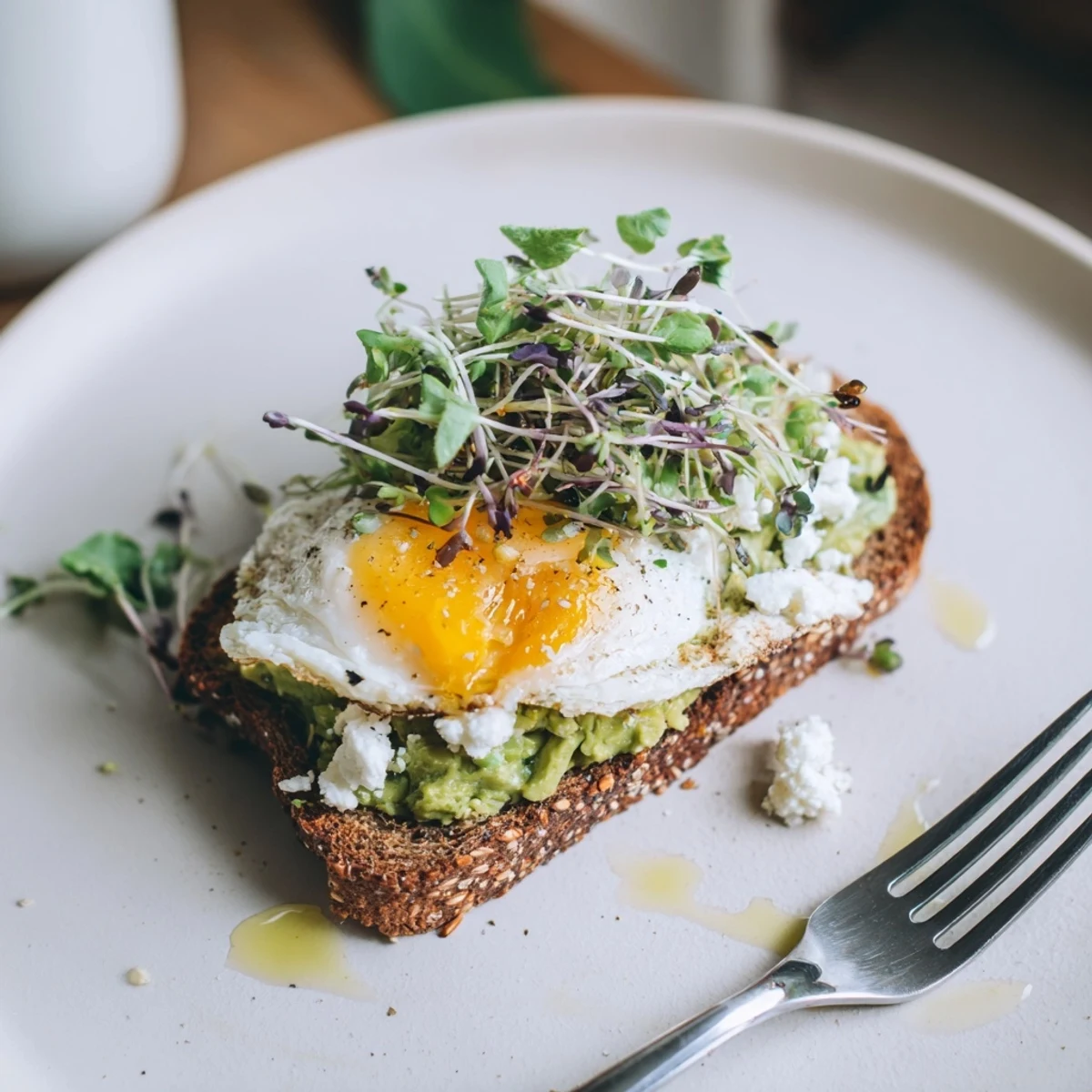 A vibrant plate of Green Avocado Toast with Egg, garnished with chives and crumbled feta cheese.  
