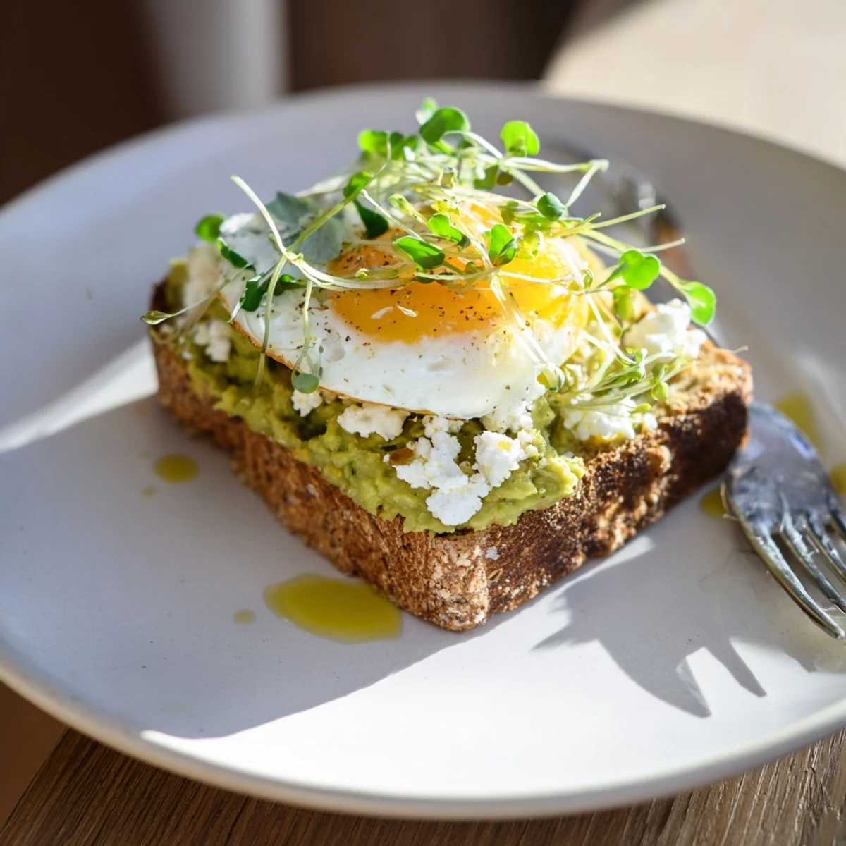 Perfectly poached eggs sit atop creamy mashed avocado with lemon and fresh herbs on crispy whole-grain toast.  