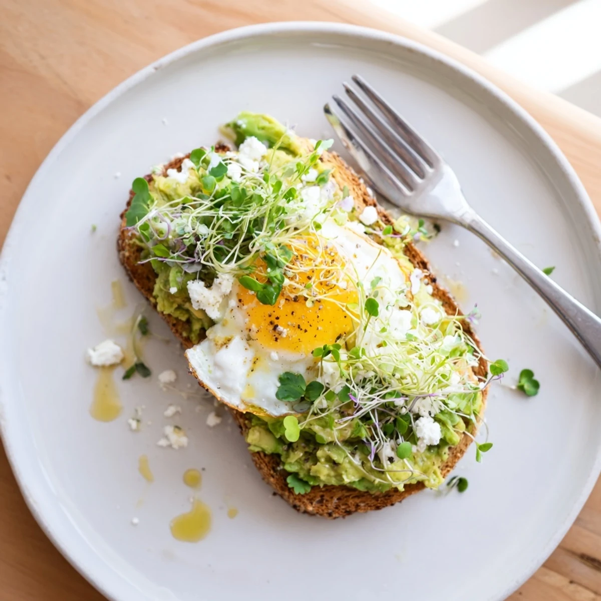 Close-up of Green Avocado Toast with Egg featuring a runny yolk, microgreens, and a drizzle of olive oil.