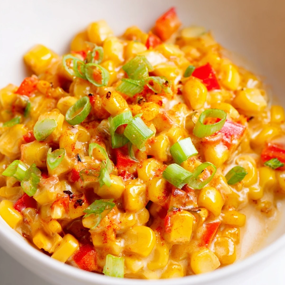 Fresh Creole Corn Maque Choux in a skillet, featuring sweet corn, bell peppers, and tomatoes simmering in a creamy, spice-infused sauce.  