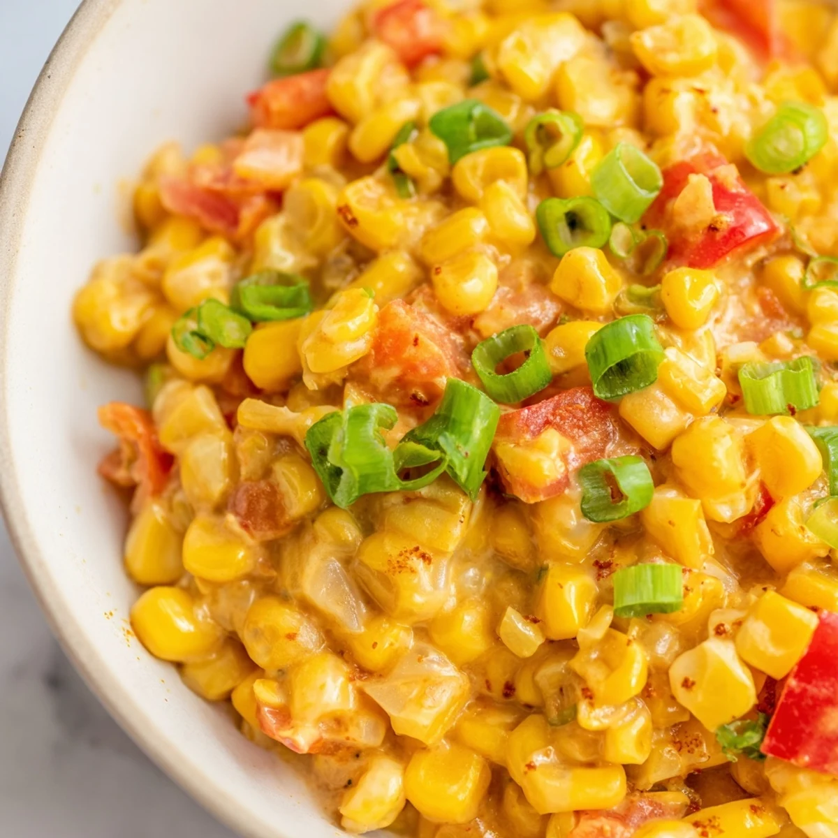 A close-up of homemade Creole Corn Maque Choux, garnished with green onions and served as a vibrant side dish for a Southern meal.  
