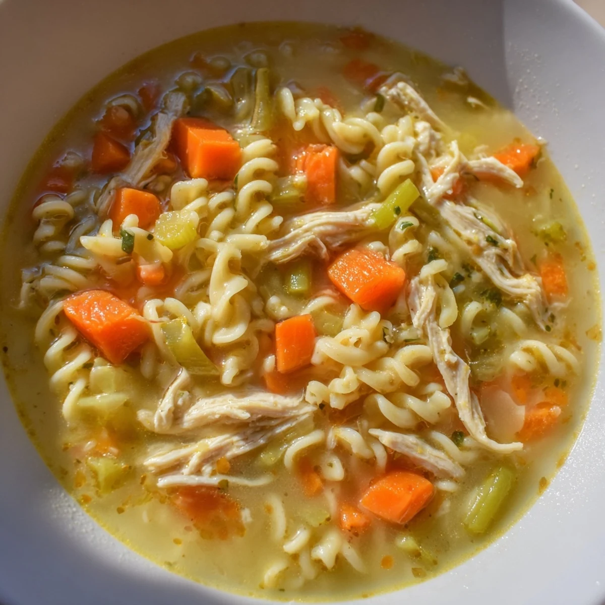 A close-up of a ladle scooping Chicken Vegetable Soup with Noodles from a pot, revealing chunks of chicken and veggies.