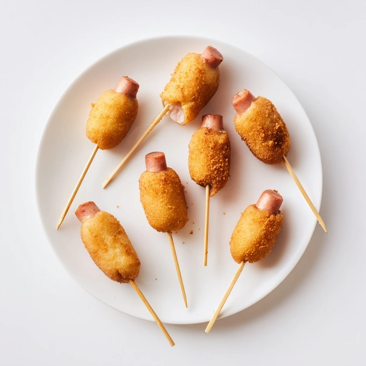 Golden-brown Super Bowl Mini Corn Dogs on wooden sticks, showcasing crispy cornmeal batter and halal beef franks, perfect for game day snacking.