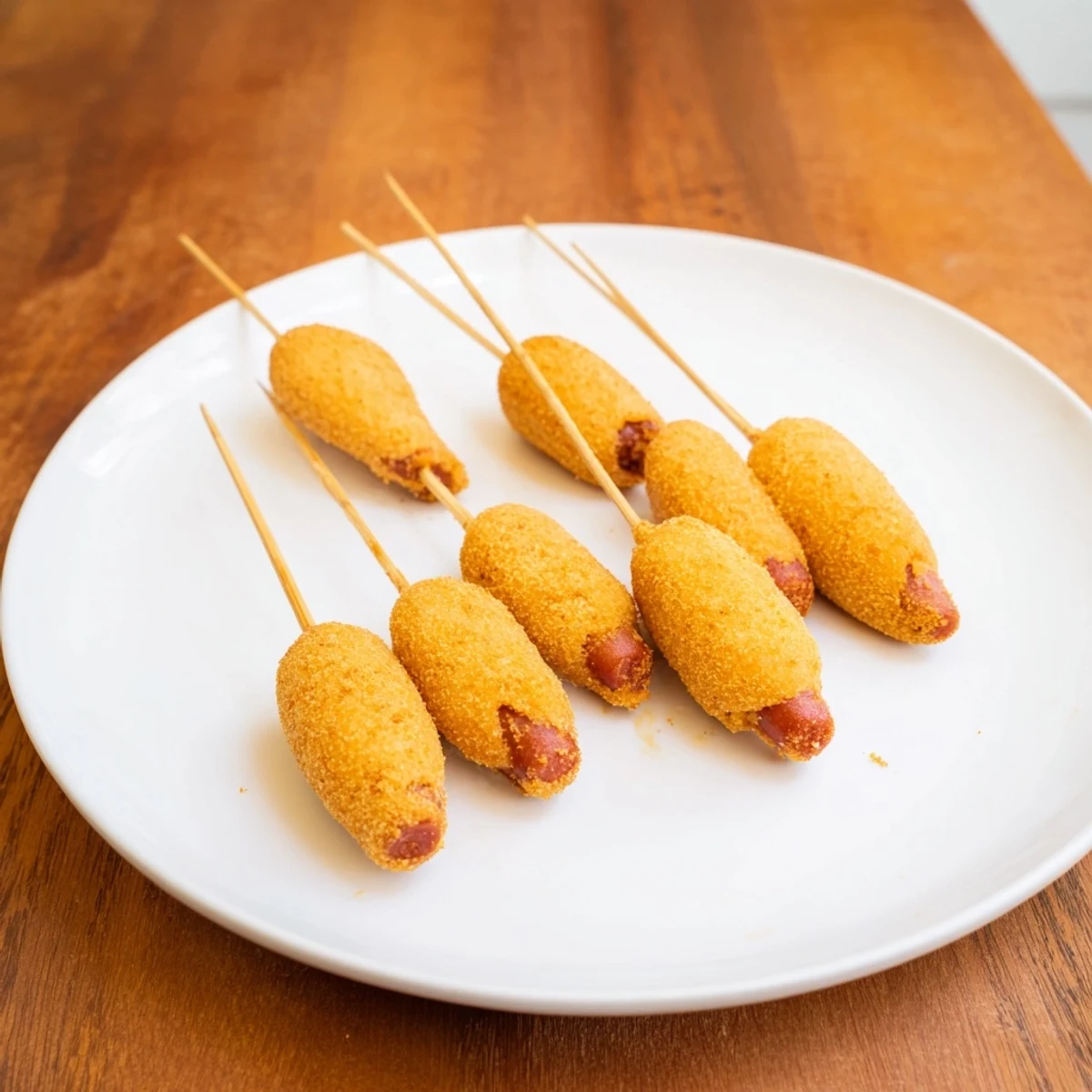 Close-up of a Super Bowl Mini Corn Dog held in hand, highlighting the crunchy exterior and juicy halal beef frank interior.