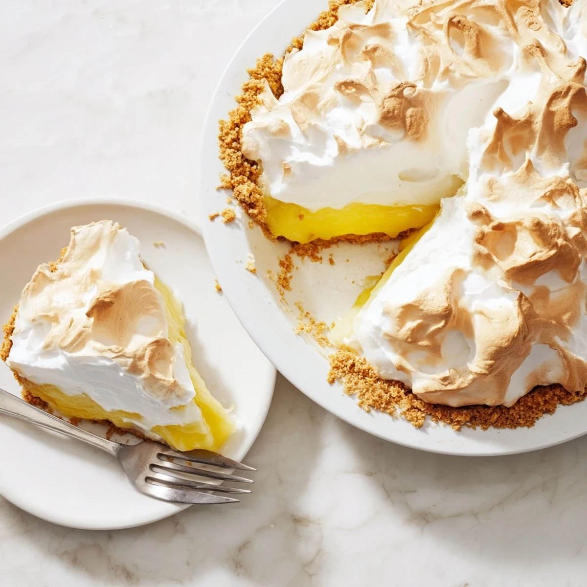 Golden-brown meringue peaks crown the bright yellow lemon filling in this classic Lemon Meringue Pie, nestled in a crunchy graham cracker crust, perfect for summer gatherings.  