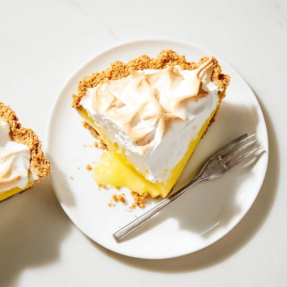 Freshly baked Lemon Meringue Pie with golden meringue swirls, vibrant lemon filling, and a crumbly graham cracker crust, ready to serve for dessert.