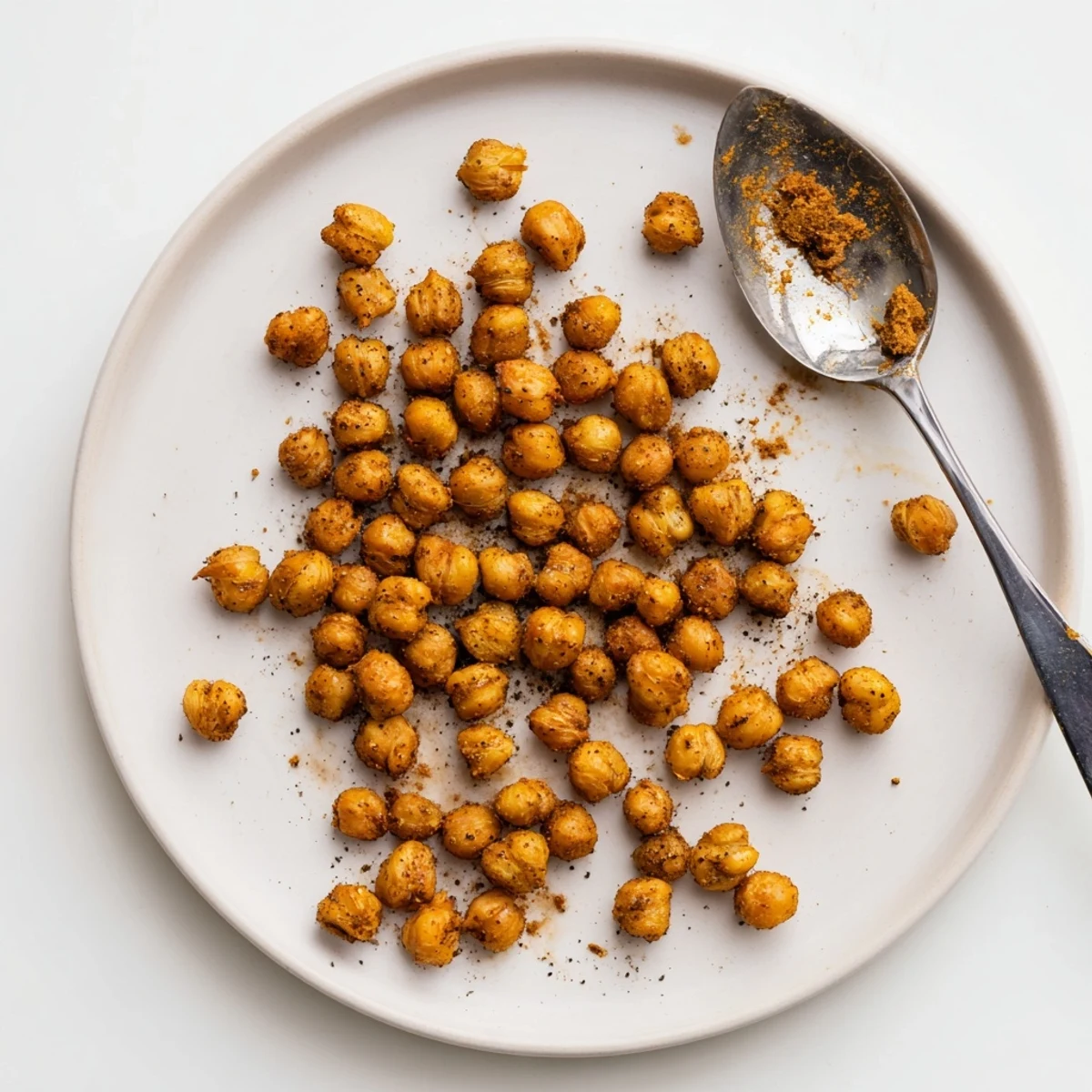 Golden brown Spicy Roasted Chickpeas with Cumin spill from a baking sheet, garnished with fresh cilantro.