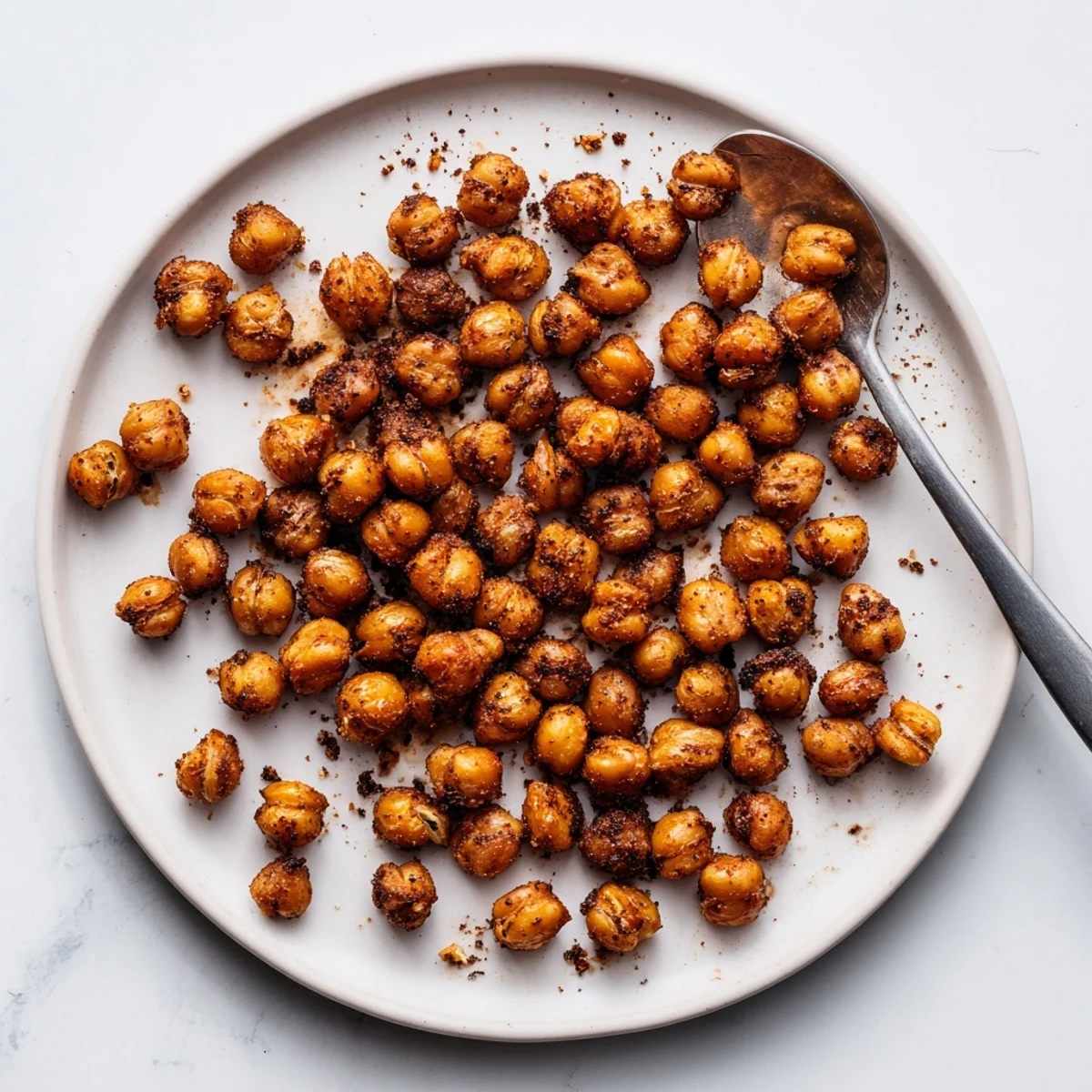 A close-up of Spicy Roasted Chickpeas with Cumin shows their crispy texture, perfect for snacking or salads.