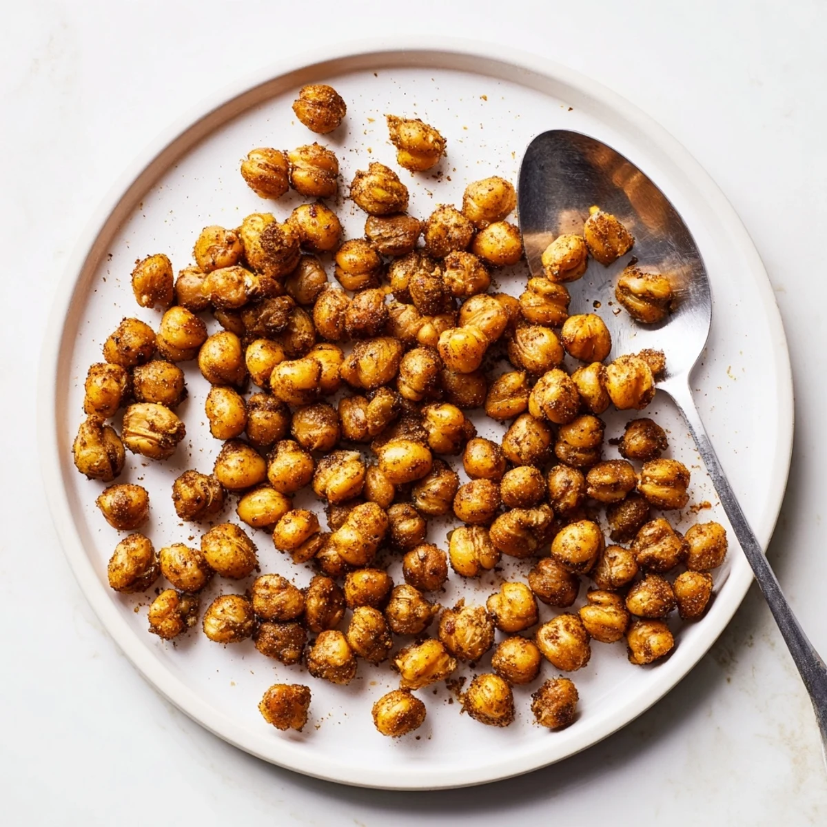 Vibrant Spicy Roasted Chickpeas with Cumin are ready to serve, sprinkled with sea salt and paprika.