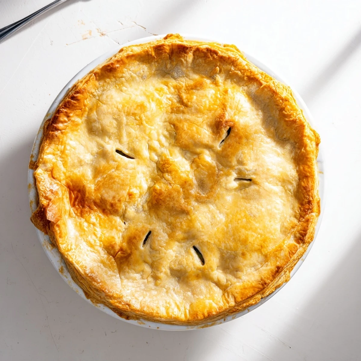 A close-up of a golden, flaky Turkey Pot Pie with Puff Pastry Crust, bubbling creamy filling peeking through steam vents.