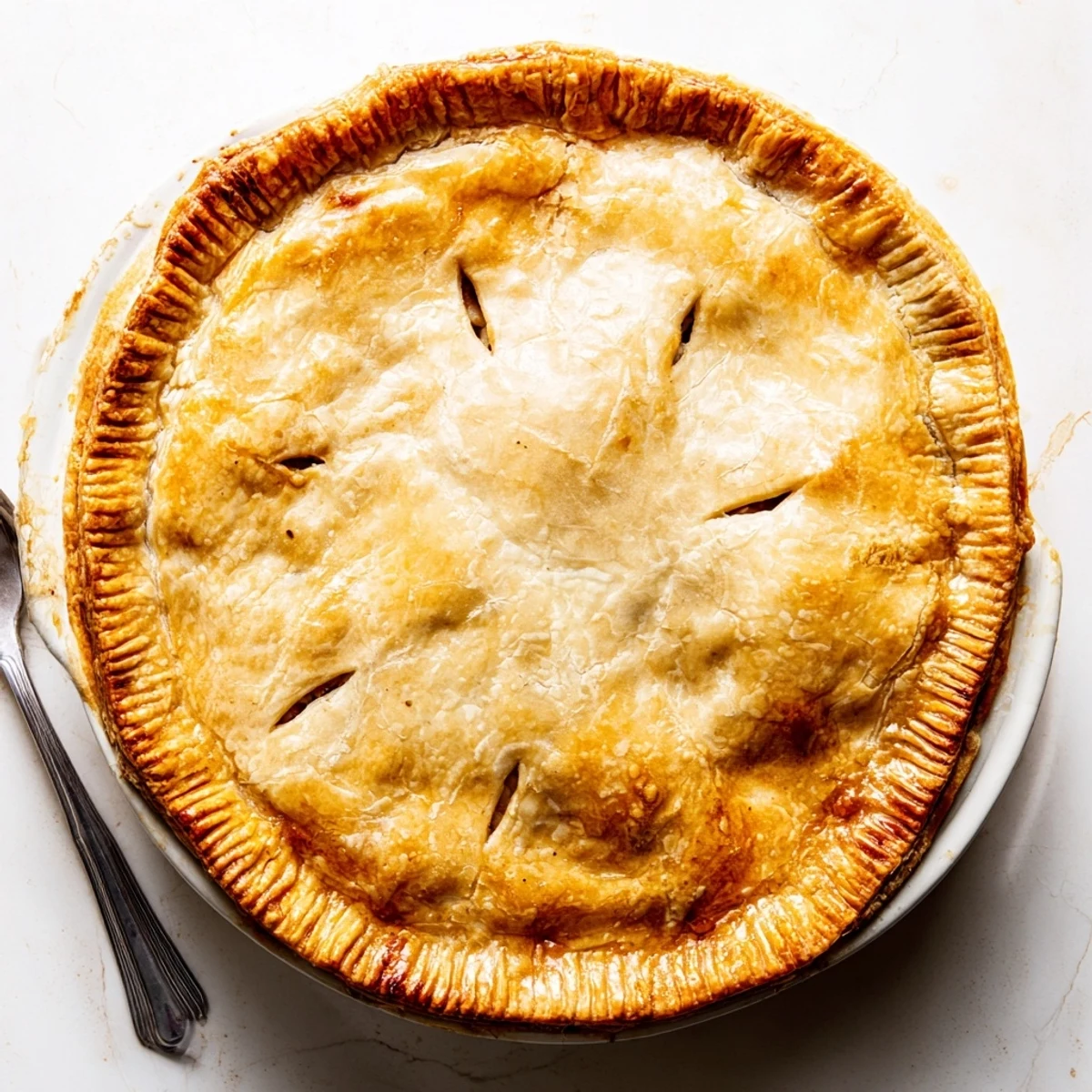 A slice of Turkey Pot Pie with Puff Pastry Crust served beside a fresh green salad, showcasing tender turkey and vegetables.