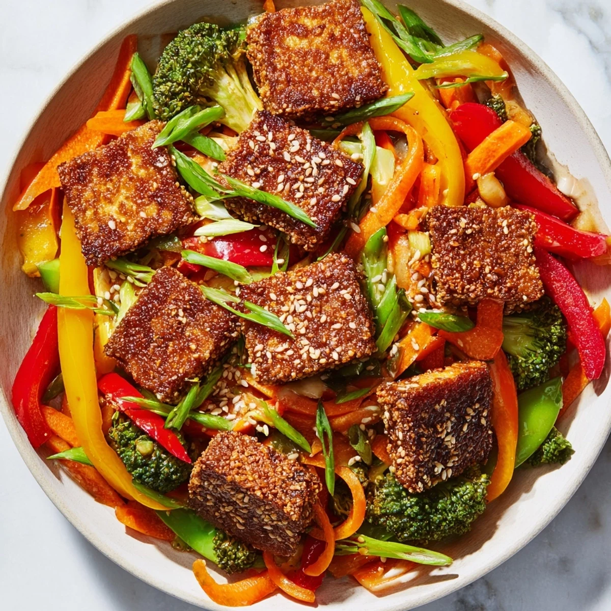Crispy Coconut Tofu with Stir Fry Veggies features golden-brown tofu cubes atop colorful, crisp-tender vegetables, drizzled with a zesty soy-lime sauce.