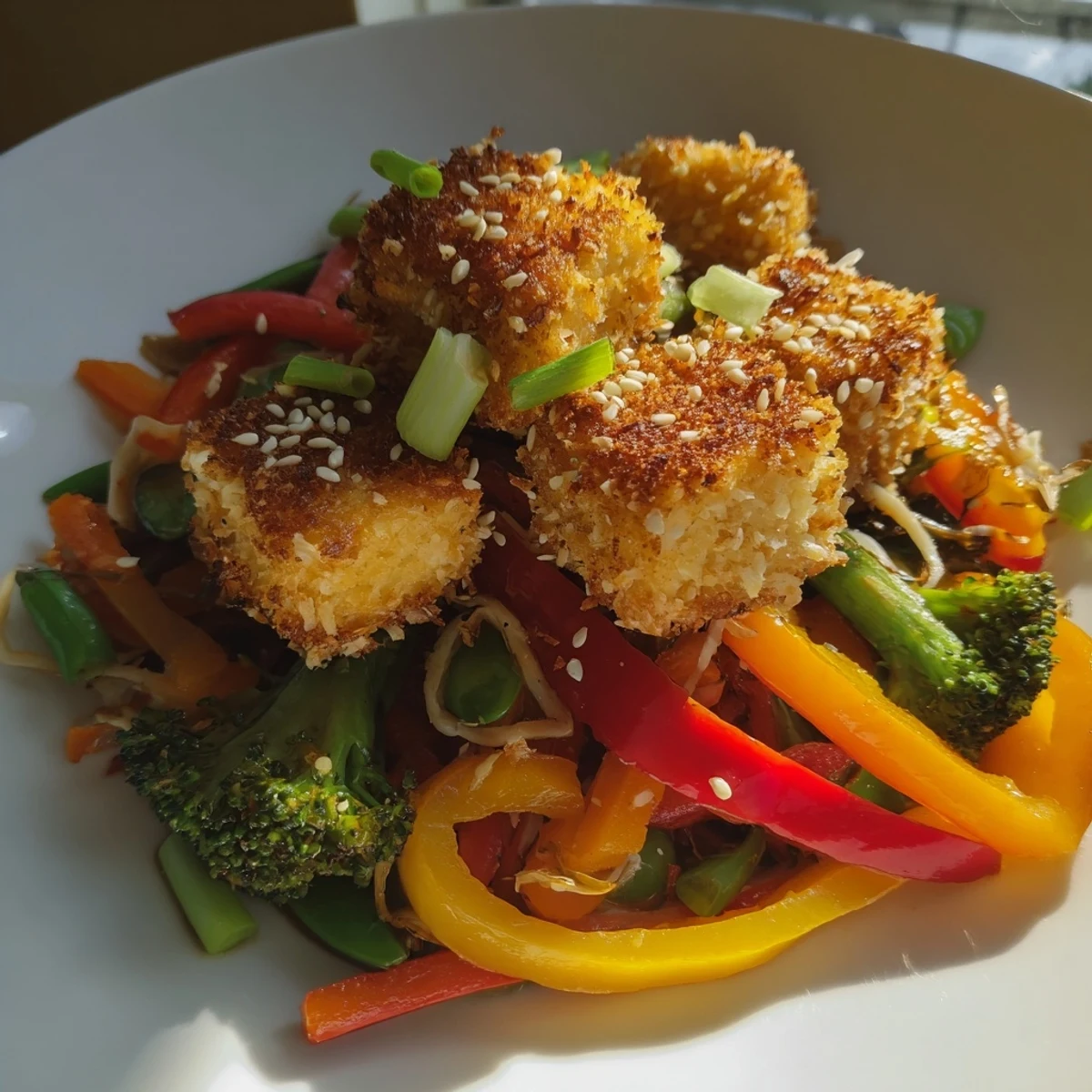 For a complete meal, serve Crispy Coconut Tofu over the stir-fried vegetables, garnished with fresh lime wedges and toasted sesame seeds for extra flavor.