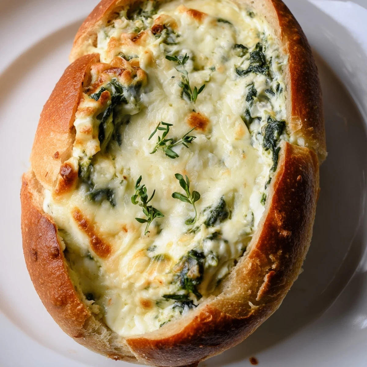 A bowl of creamy spinach dip with melted mozzarella and Parmesan, served in a hollowed sourdough loaf surrounded by dippable bread pieces.