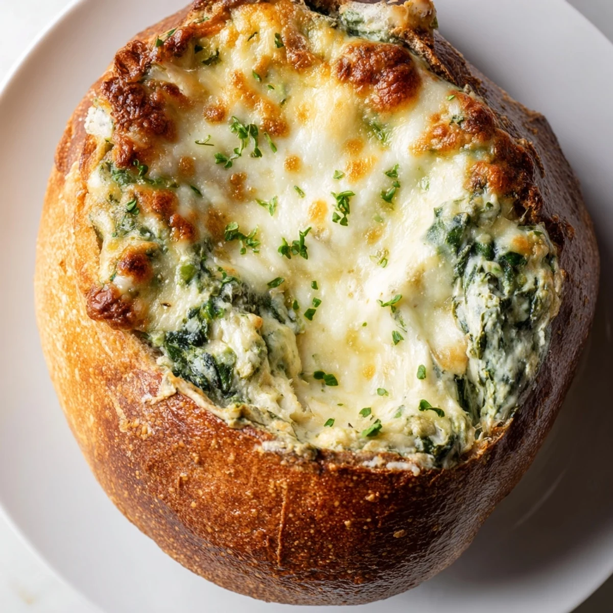 A warm, golden-baked Creamy Spinach Dip with sourdough bread chunks ready for dipping, garnished with fresh herbs for a party appetizer.