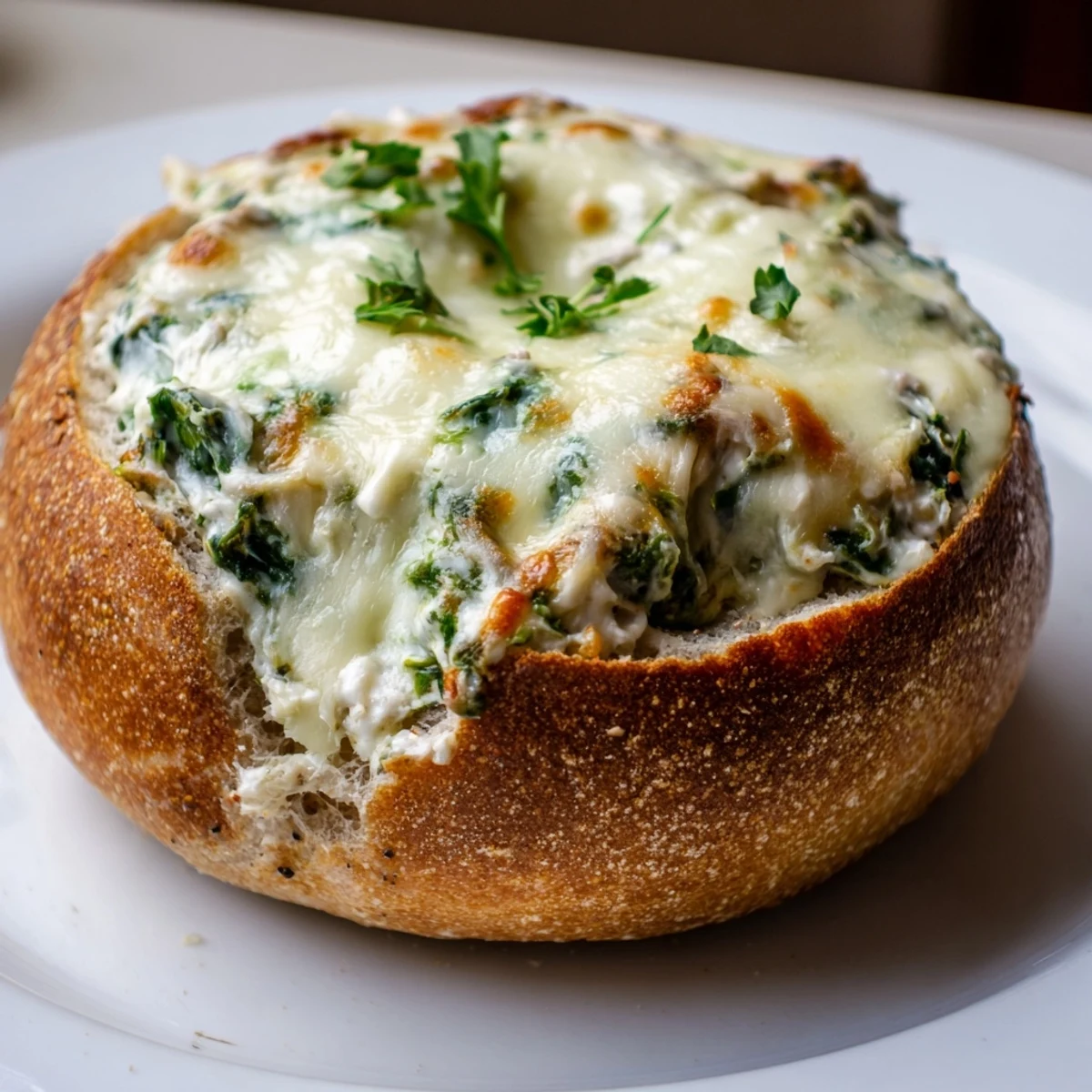 Steam rises from a bubbling Creamy Spinach Dip in a baked sourdough bread bowl, inviting a rich, cheesy bite with every scoop.