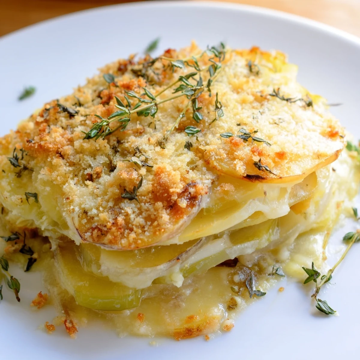 Winter Vegetable Gratin with Gruyere fresh from the oven, served as a comforting main dish topped with crispy breadcrumbs and fresh thyme leaves.