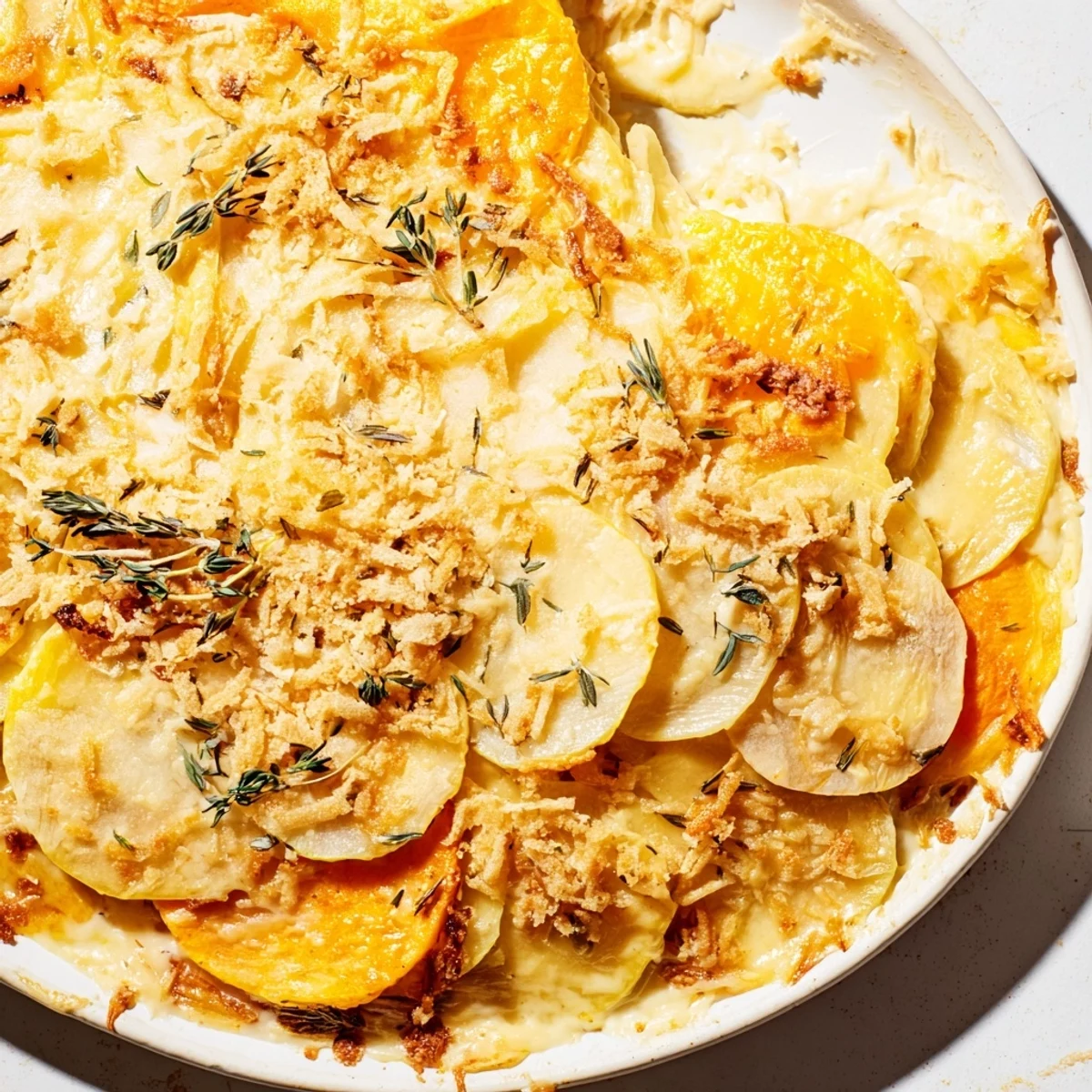 Golden Winter Vegetable Gratin with Gruyere in a baking dish, featuring layered slices of potatoes, parsnips, carrots, and rutabaga in a rich sauce.