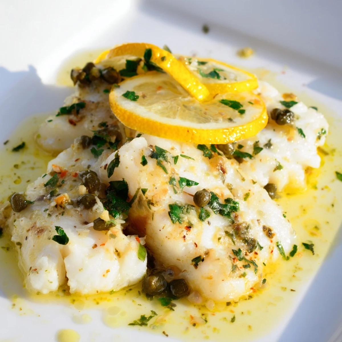 Flaky white haddock fillets topped with lemon slices, capers, and herbs on a rustic wooden serving board.