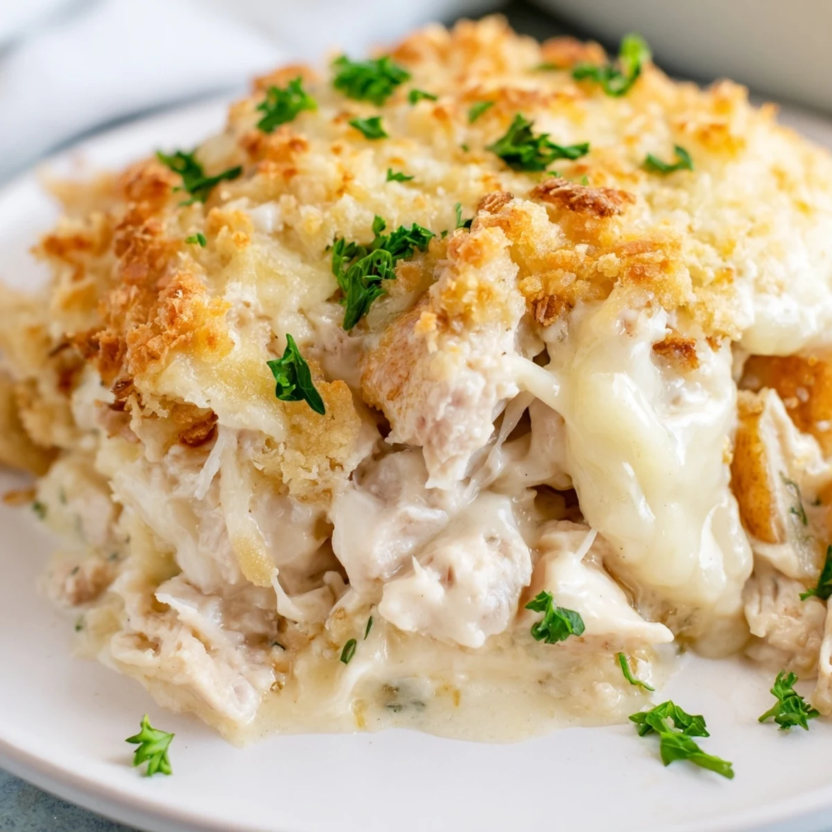 A close-up of Chicken Cordon Bleu Casserole bubbling in a 9x13 inch dish, topped with golden, buttery panko breadcrumbs and melted Swiss cheese.