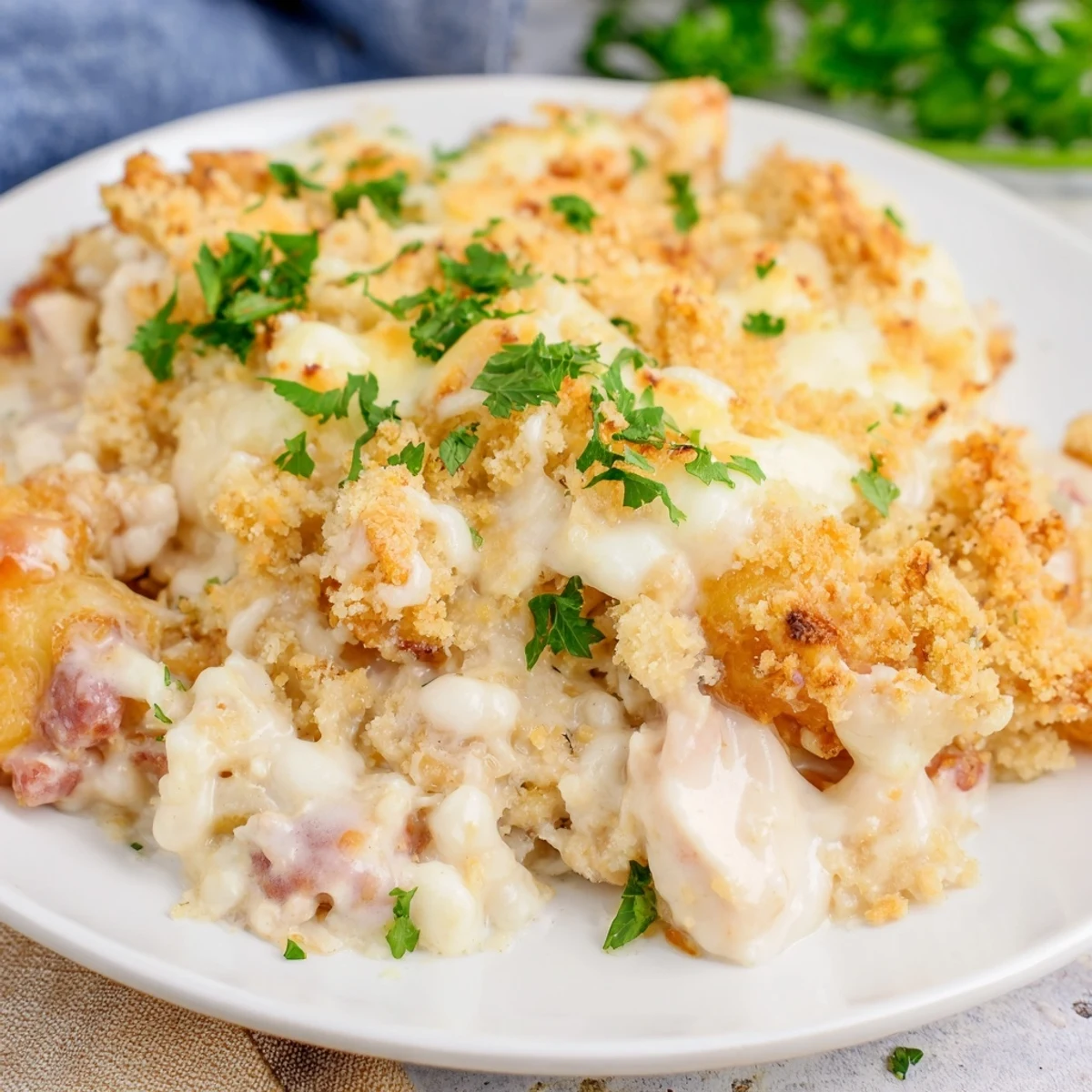 Freshly baked Chicken Cordon Bleu Casserole served on a white plate, garnished with chopped green parsley alongside a crisp side salad for a complete dinner.
