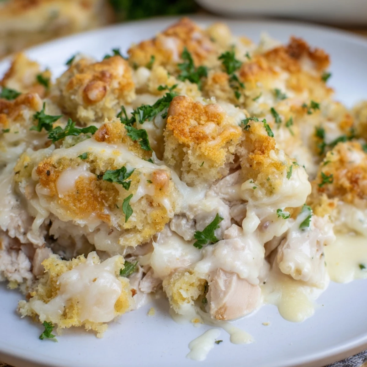A generous scoop of Chicken Cordon Bleu Casserole revealing layers of tender diced chicken, creamy sauce, and chopped turkey inside a white ceramic baking dish.