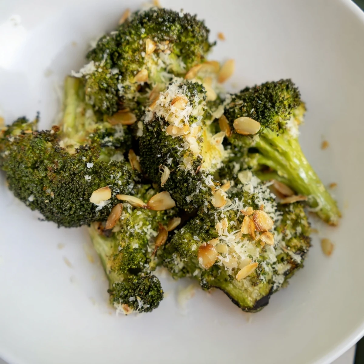 Golden roasted broccoli with garlic and Parmesan, finished with fresh parsley on a white plate.  
