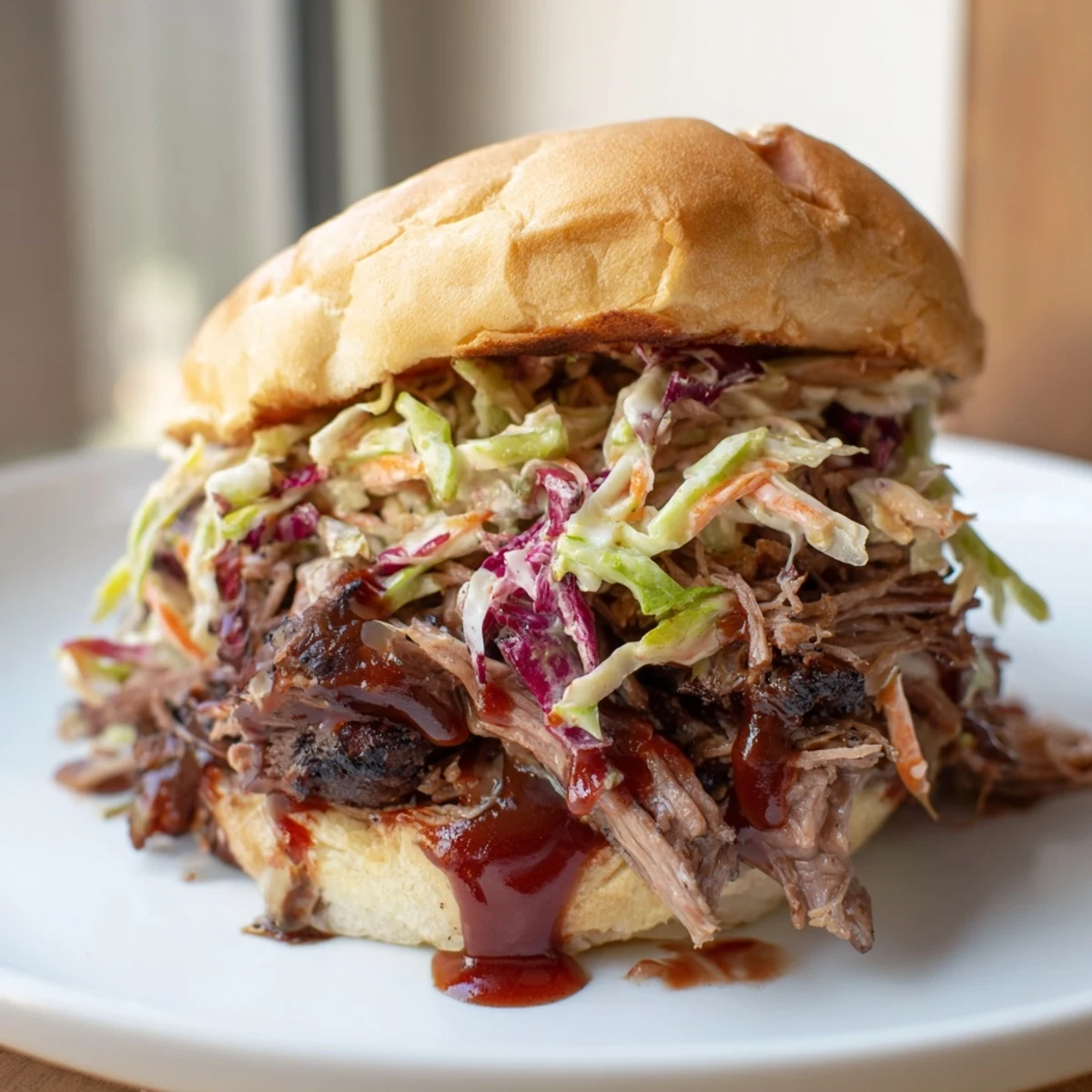 Savory MVP Pulled Beef Sandwiches stacked high with tender, slow-cooked beef and creamy coleslaw on soft brioche buns.