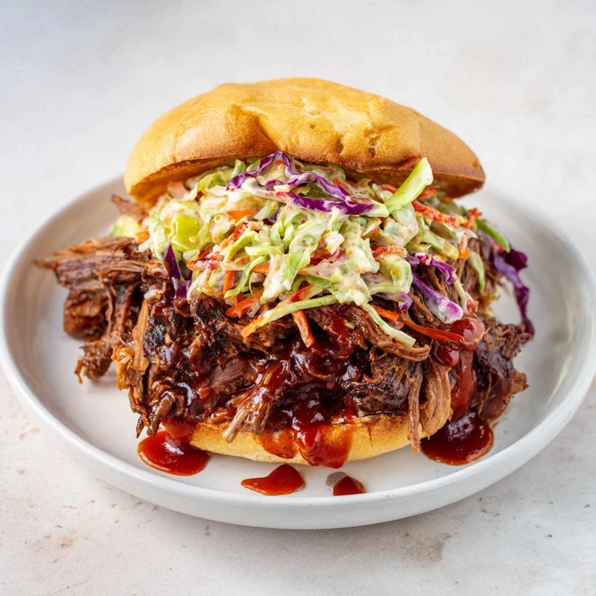 Game day MVP Pulled Beef Sandwiches served warm, featuring shredded beef dripping in barbecue sauce and crunchy slaw.