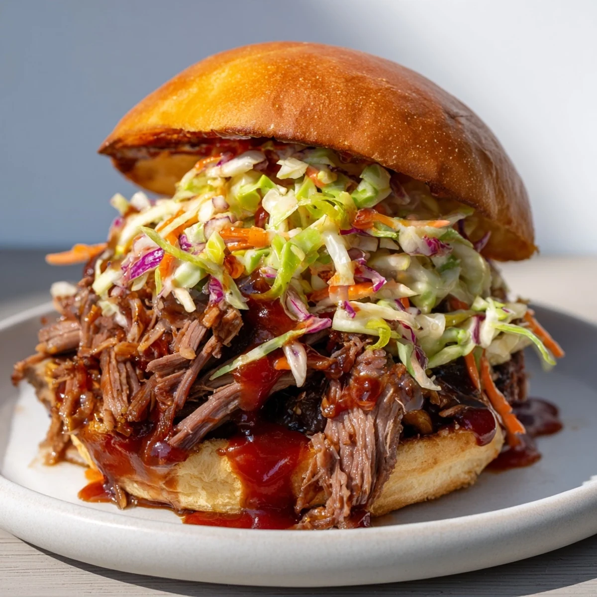 Homestyle MVP Pulled Beef Sandwiches topped with tangy coleslaw, perfect for casual gatherings and family-style dinners.