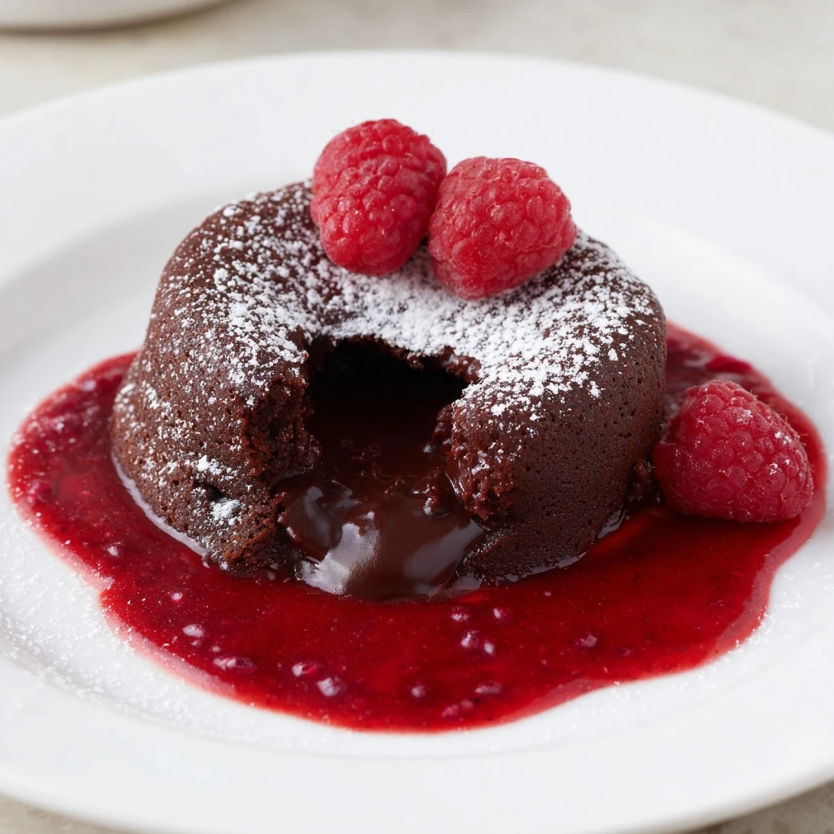 Richly molten chocolate lava cakes with raspberry sauce pooled around the edges and fresh berries on top.