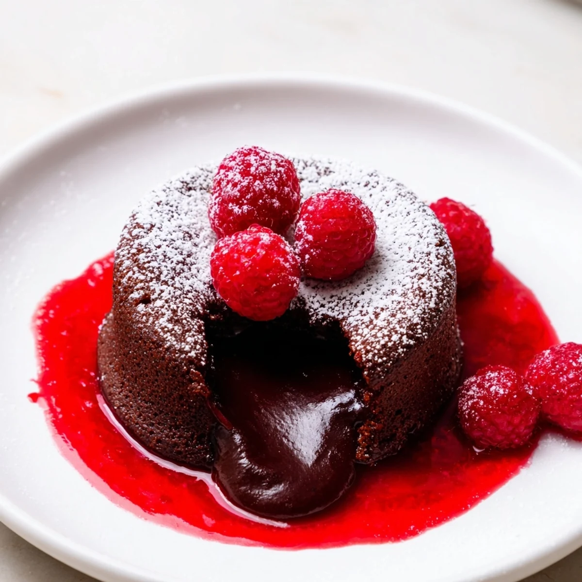 Warm individual chocolate lava cakes topped with raspberry sauce and a dusting of powdered sugar.