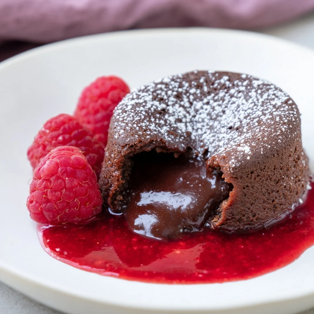 Golden chocolate lava cakes on white plates with tangy raspberry sauce and vanilla ice cream melting.