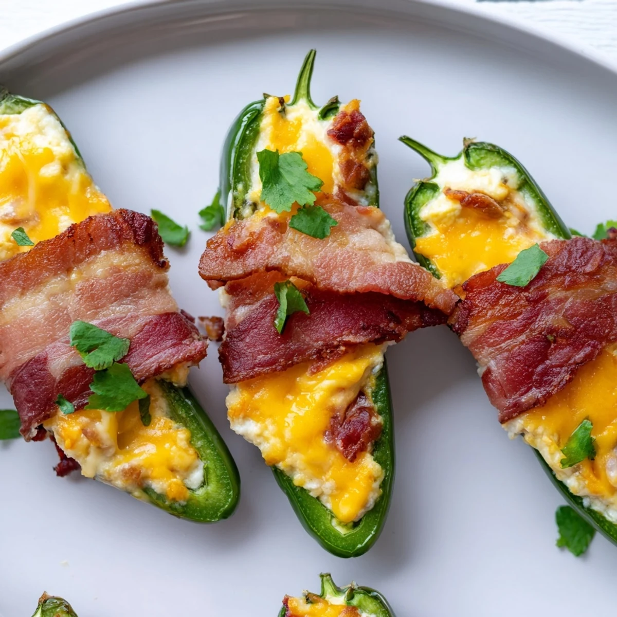 Golden, bubbly cheddar and cream cheese peek out from roasted jalapeños wrapped in crispy beef bacon.