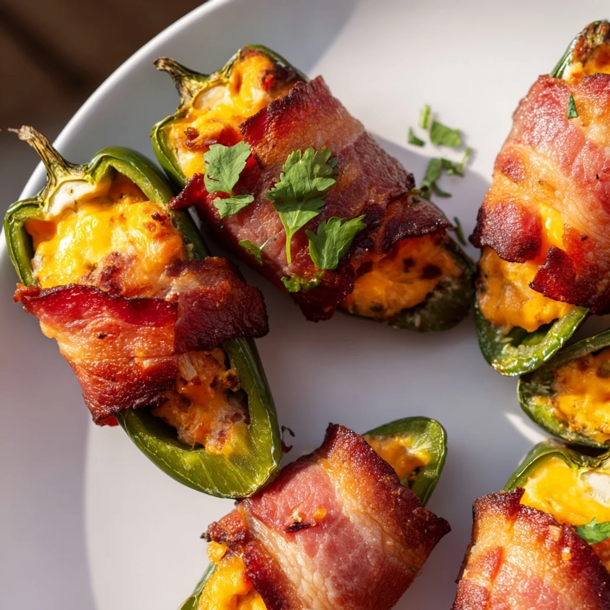 Roasted, golden cheddar and cream cheese peek out from jalapeños wrapped in crisp beef bacon.