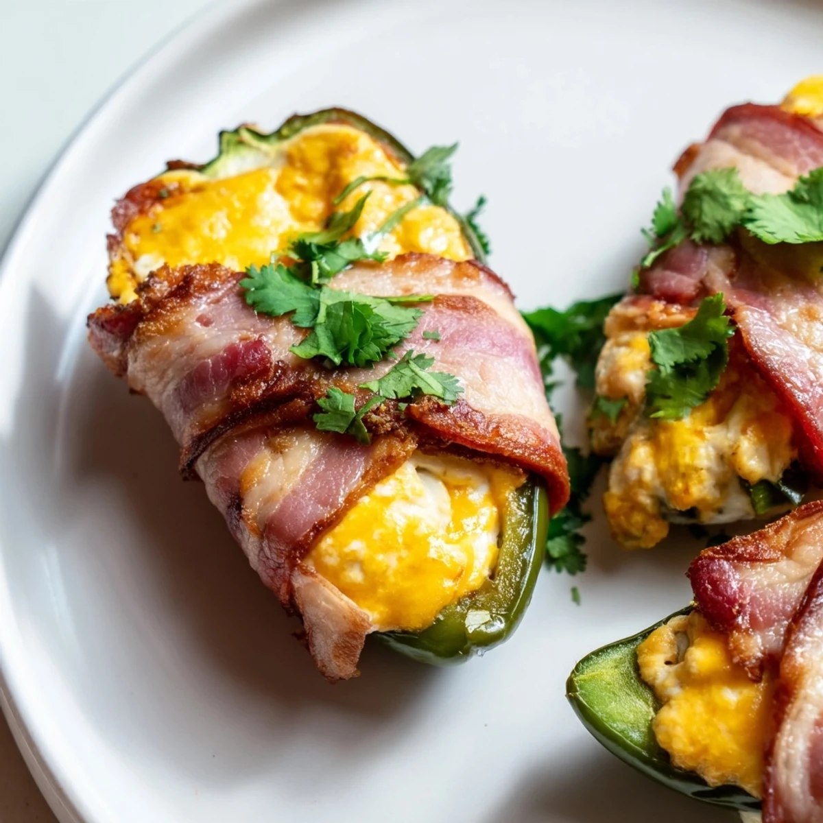 Spicy, cheesy Game Day Jalapeno Poppers with Beef Bacon sit warm on a game day platter.