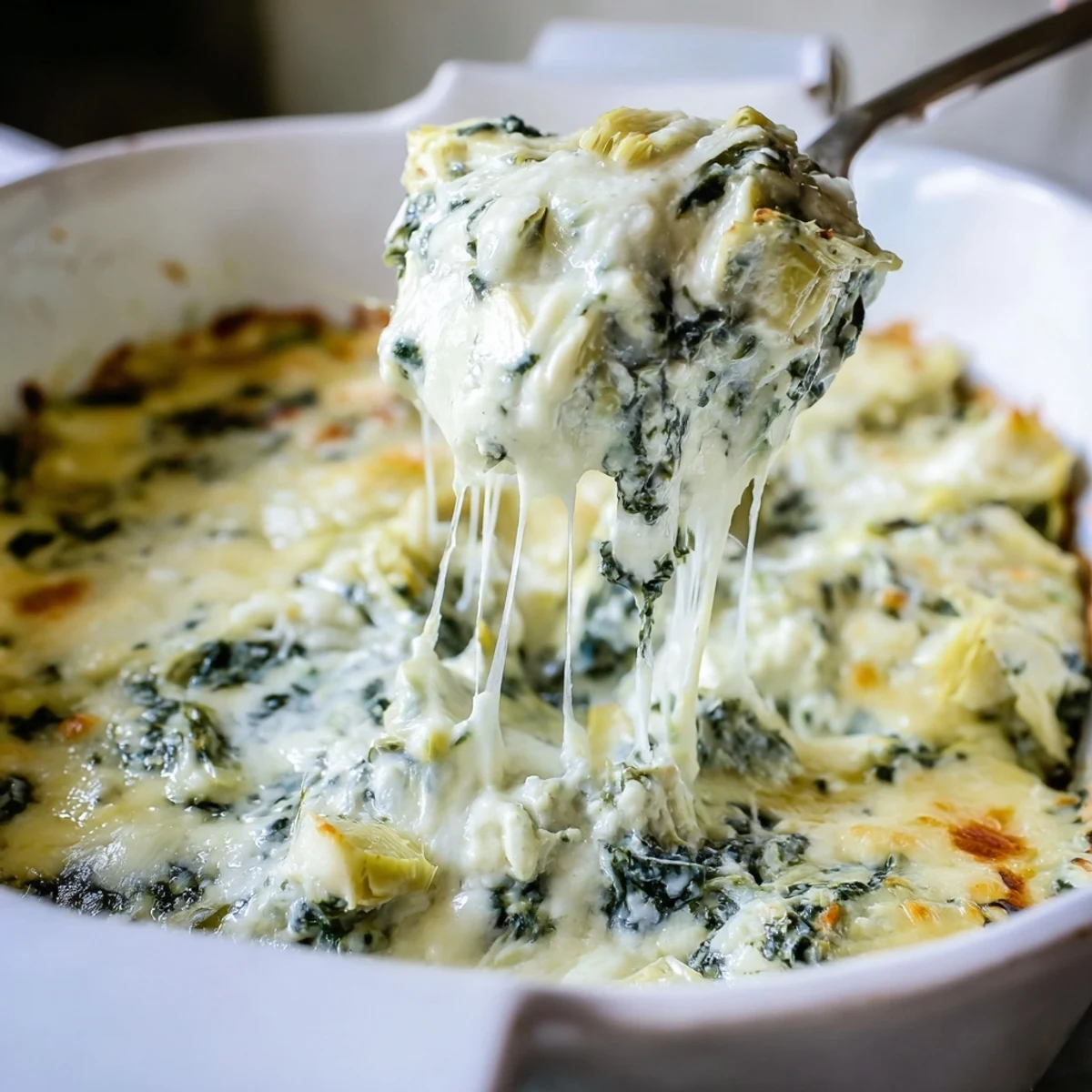 Golden, bubbly Super Bowl Spinach and Artichoke Dip fresh from the oven, served with crispy toasted pita wedges.