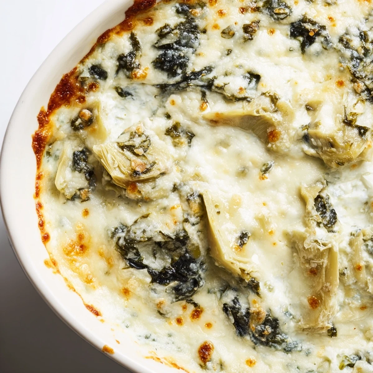 Creamy hot Super Bowl Spinach and Artichoke Dip in a baking dish with crunchy pita chips for dipping.