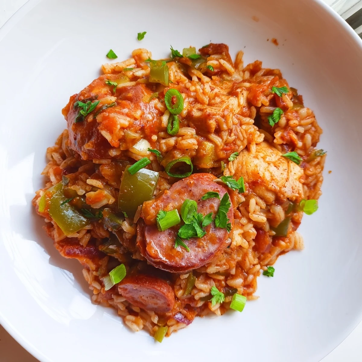 Fork-fluffed Creole Jambalaya with Chicken and Halal Sausage steams beside a jar of hot sauce, ready for a hearty family dinner. 