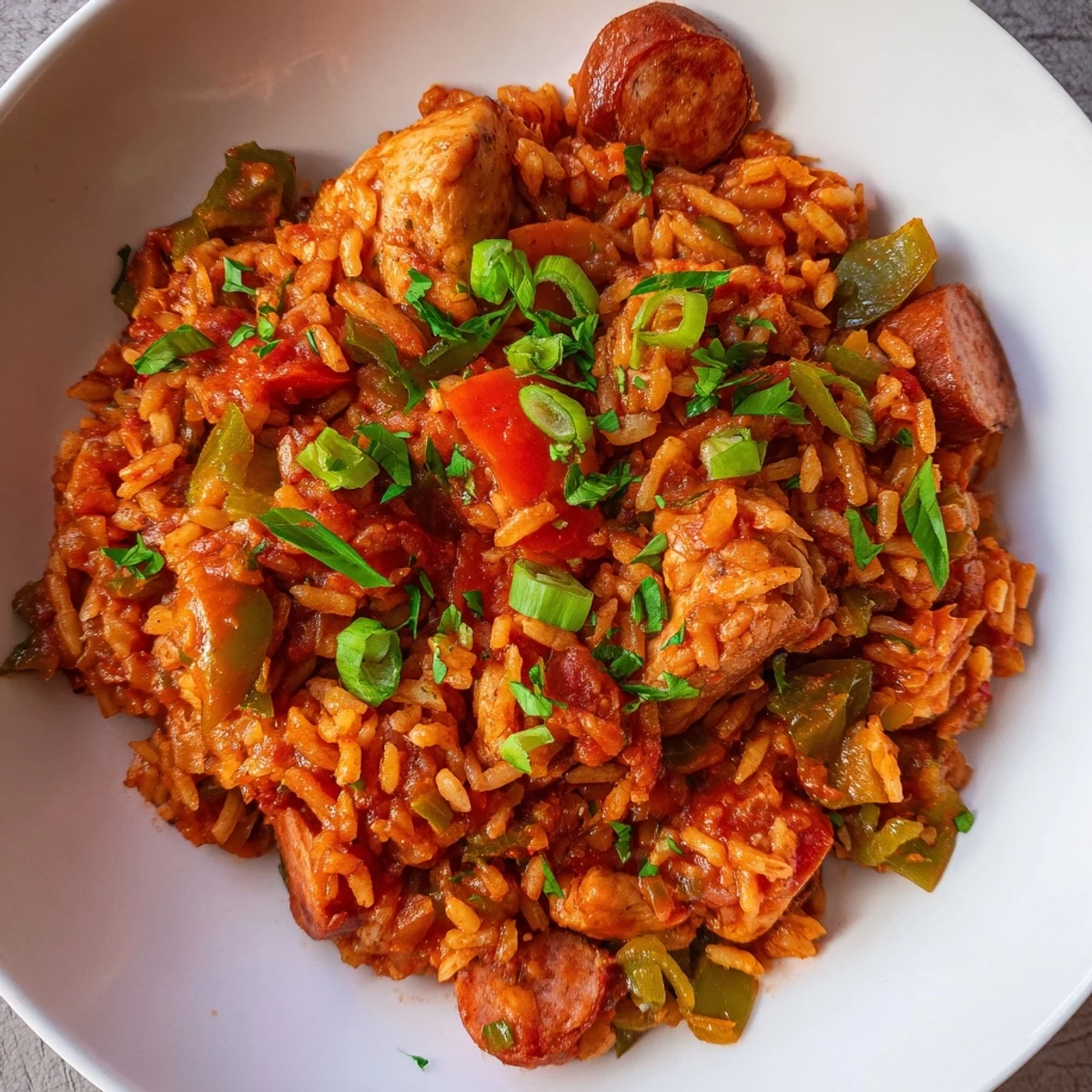 A cast-iron pot brims with colorful Creole Jambalaya with Chicken and Halal Sausage, garnished with fresh parsley and green onions. 