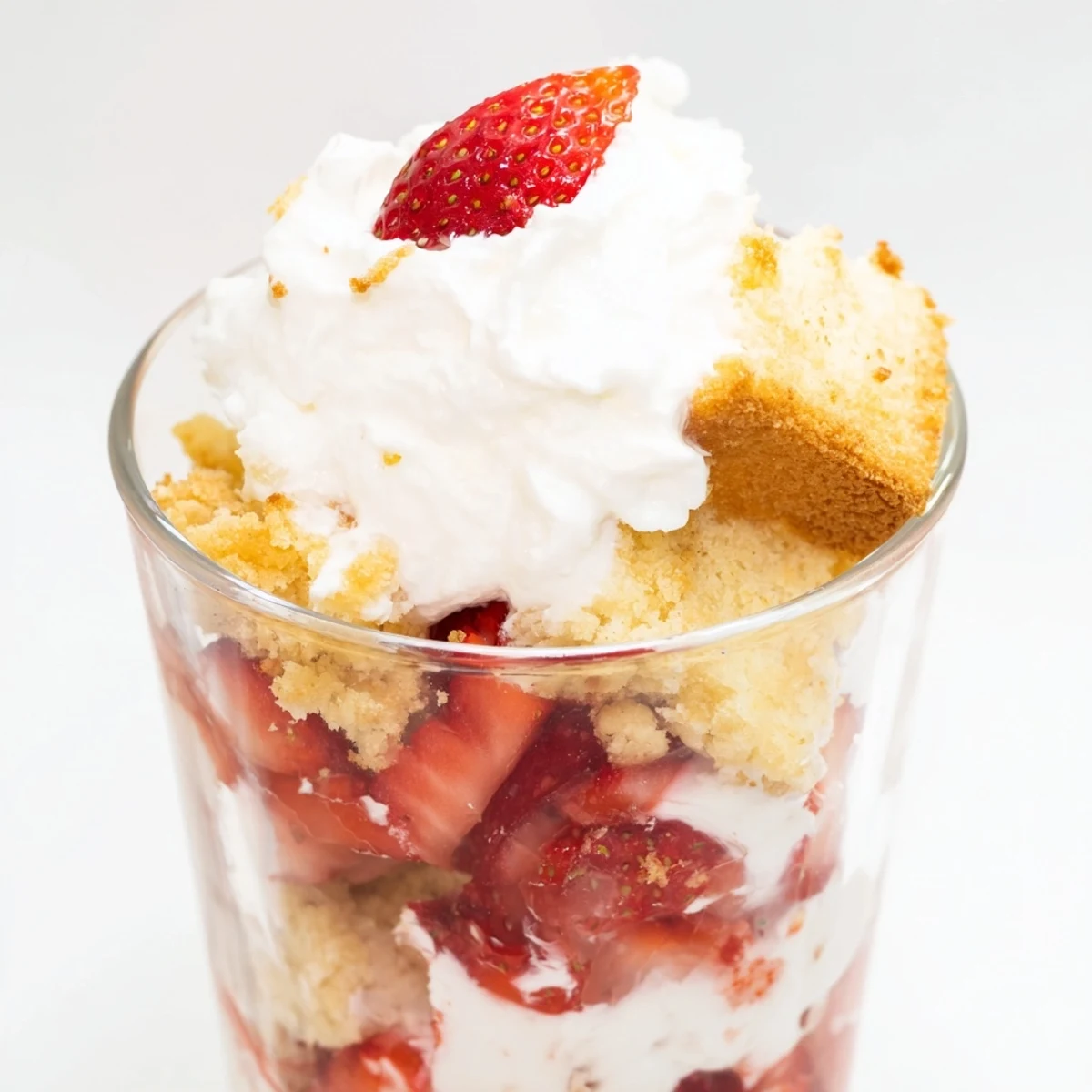 Clear glass dessert parfaits layered with crumbled shortcake, vibrant red strawberries, and fluffy whipped cream topping.