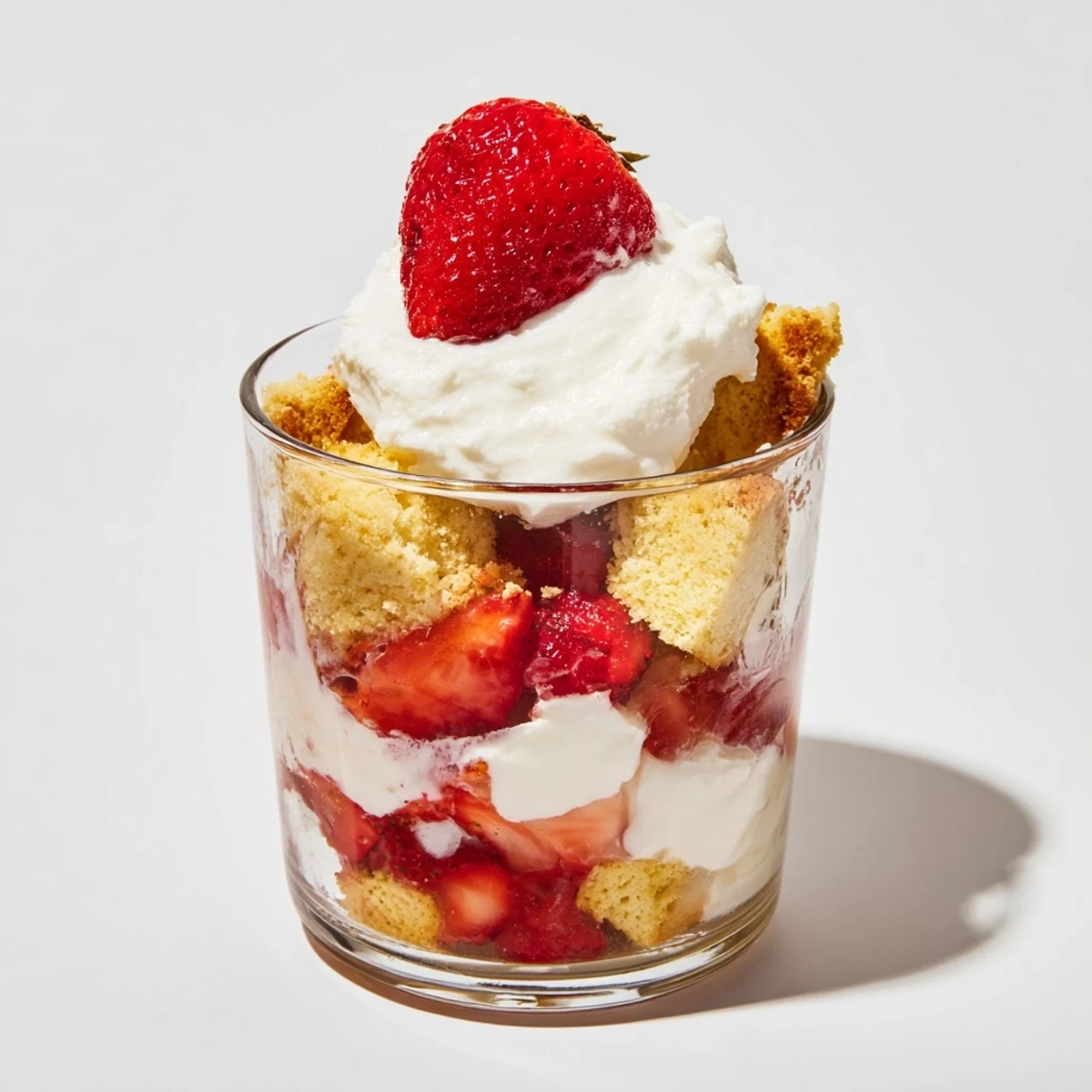 Juicy macerated strawberries glistening beside golden shortcake crumbles in a sweet, billowy whipped cream layered parfait.